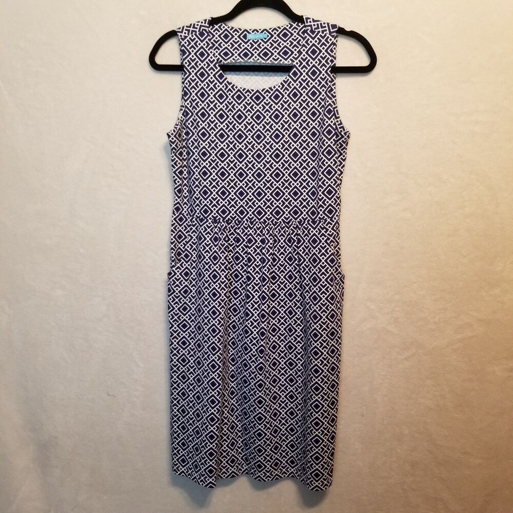 J. McLaughlin XS Dress Catalina Cloth Knee Length Blue White Geo Print Pockets